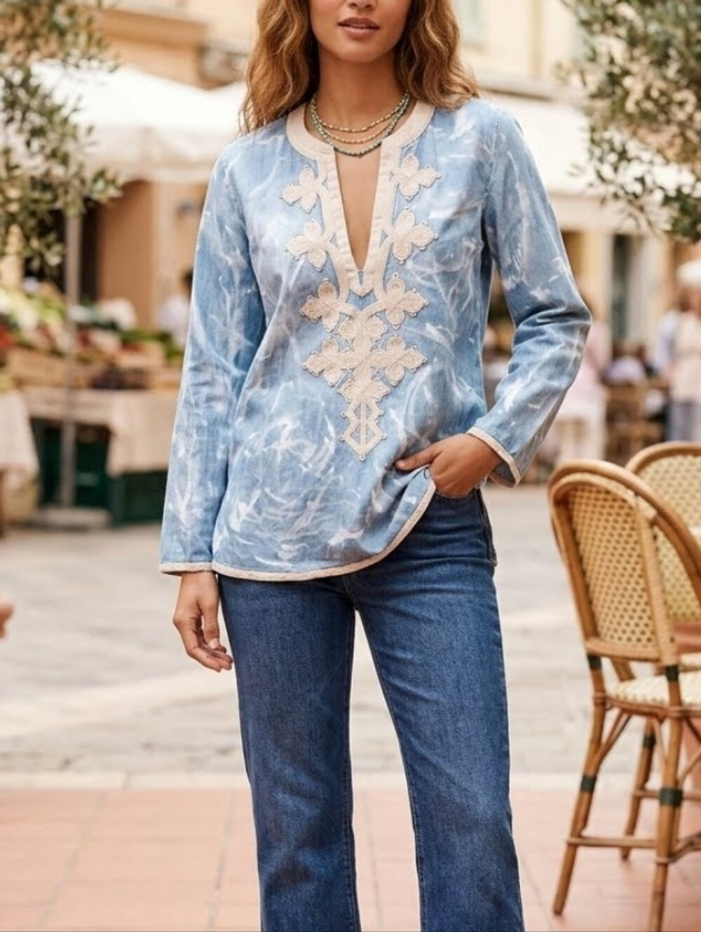 J Crew Custom Funky Upcycled Boho Denim Long Sleeve Top Shirt Trend